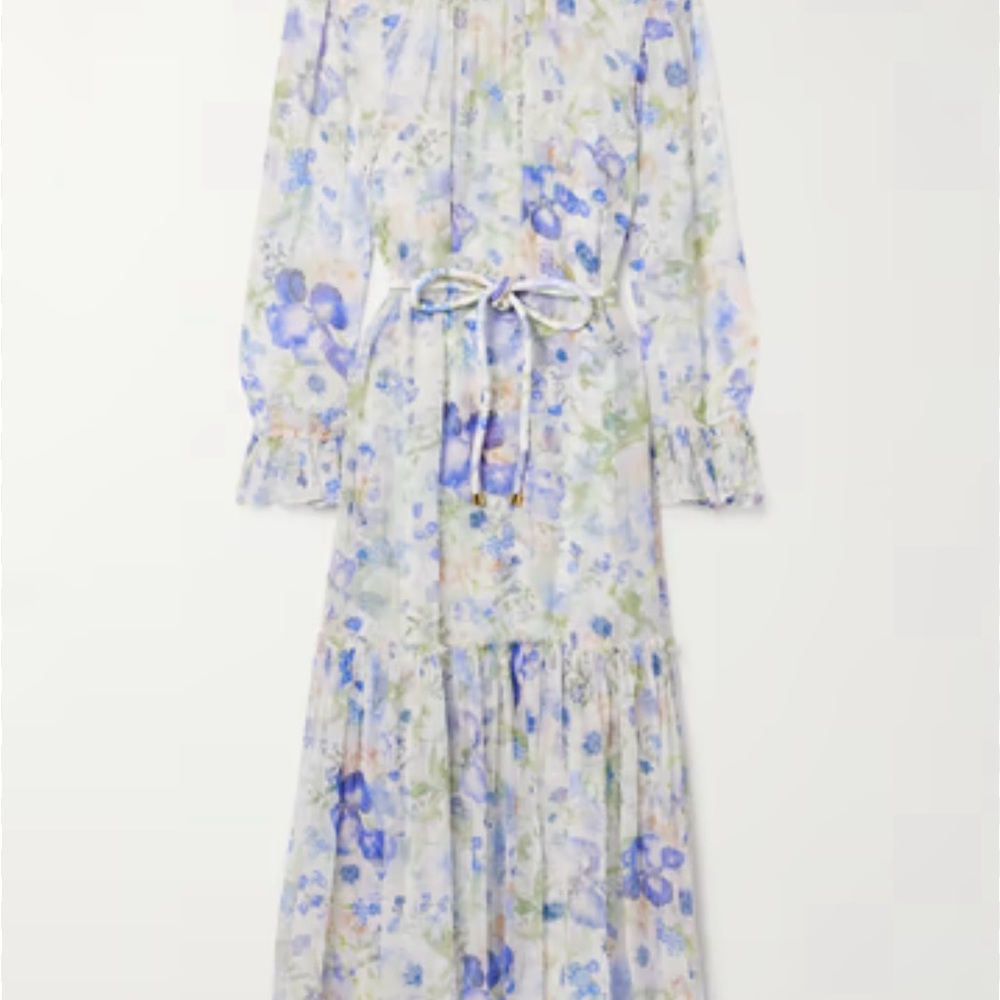 Zimmermann Blue and Purple Ruffled Tiered Long Sleeve Dress